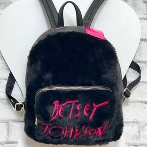 Betsey Johnson Black Faux Fur Logo Backpack New
